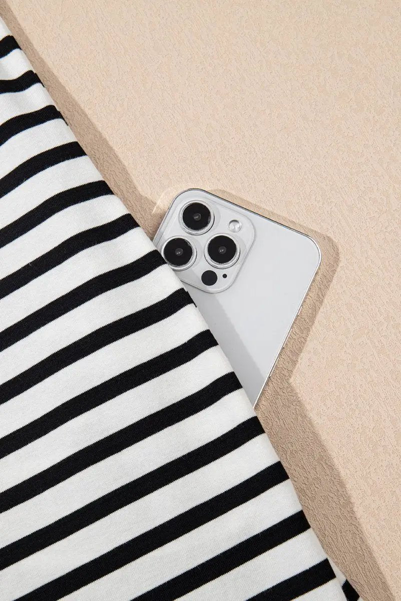 Black Stripe Contrast V Neck Collared Puff Sleeve T Shirt Mini Dress with Pockets - Love Salve